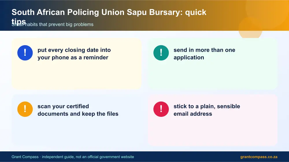 South African Policing Union Sapu Bursary quick tips cards infographic – saps bursary South Africa 2026