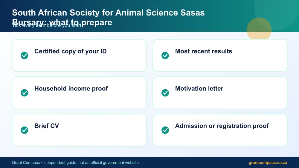 South African Society for Animal Science Sasas Bursary documents checklist infographic – south african society for animal science sasas bursary South Africa 2026