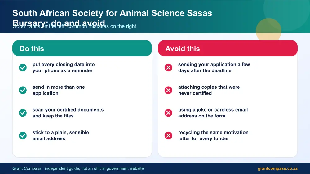 South African Society for Animal Science Sasas Bursary dos and donts infographic – south african society for animal science sasas bursary South Africa 2026