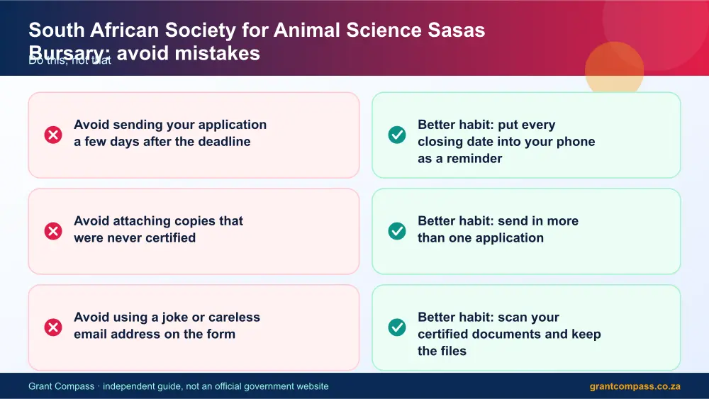 South African Society for Animal Science Sasas Bursary mistakes to avoid and tips infographic – south african society for animal science sasas bursary South Africa 2026