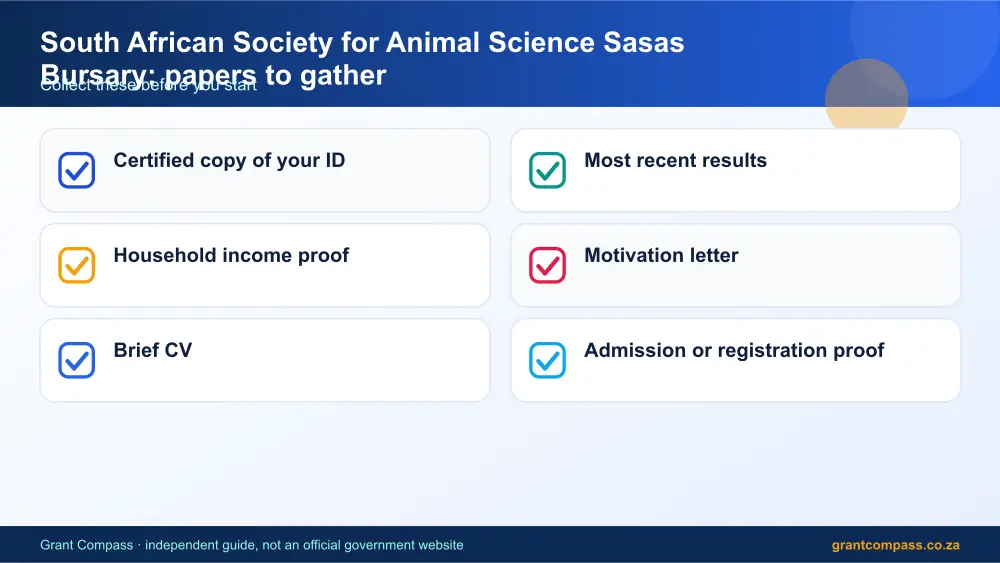 South African Society for Animal Science Sasas Bursary required papers tick list infographic – south african society for animal science sasas bursary South Africa 2026