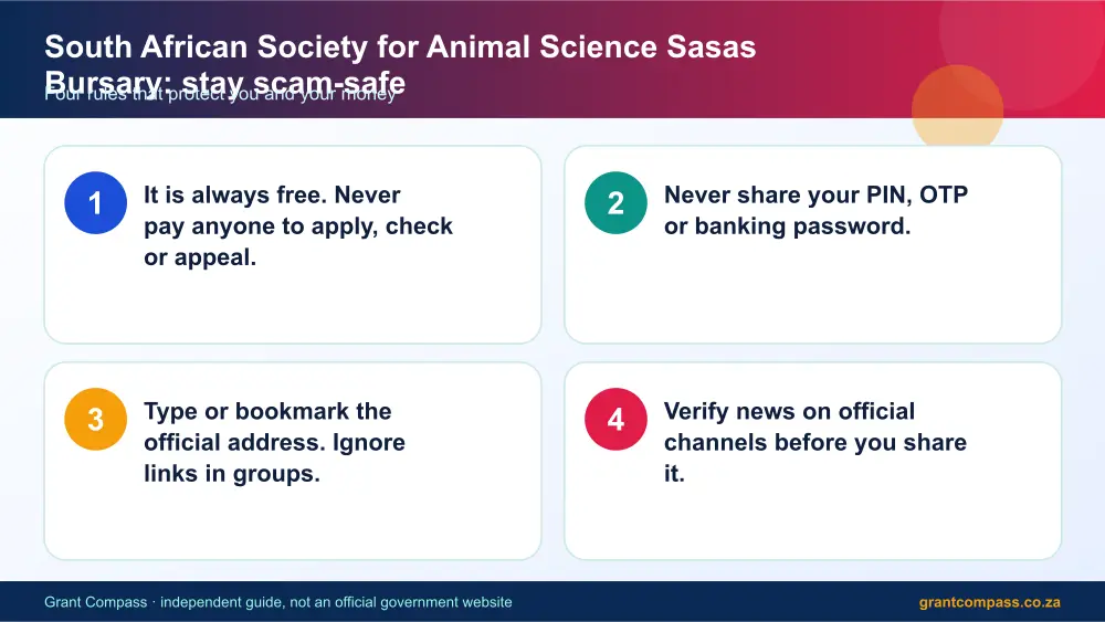 South African Society for Animal Science Sasas Bursary stay safe from scams infographic – south african society for animal science sasas bursary South Africa 2026