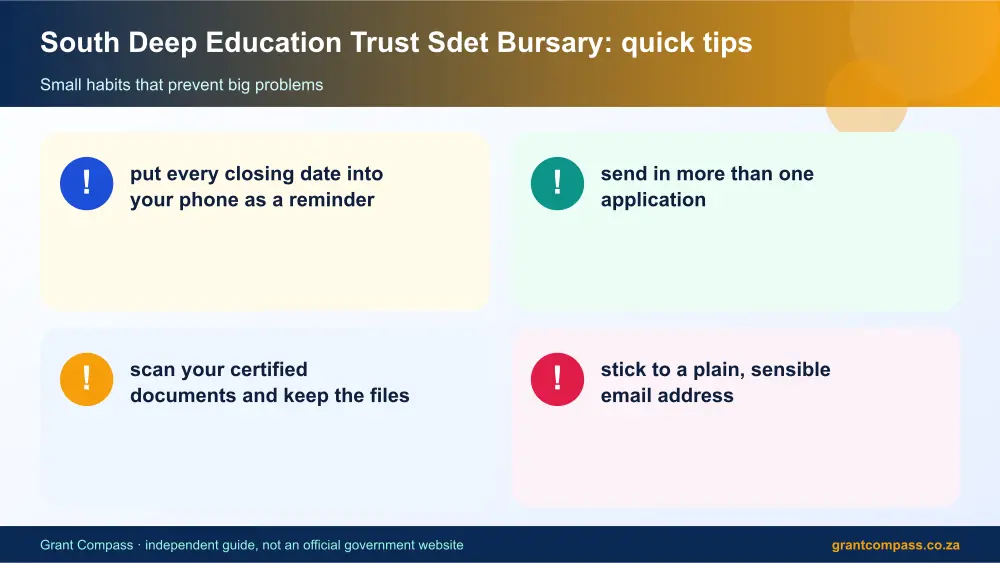 South Deep Education Trust Sdet Bursary quick tips cards infographic – south deep education trust sdet bursary South Africa 2026
