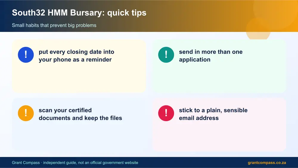 South32 HMM Bursary quick tips cards infographic – south32 hmm bursary South Africa 2026
