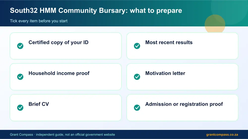 South32 HMM Community Bursary documents checklist infographic – south32 hmm community bursary South Africa 2026