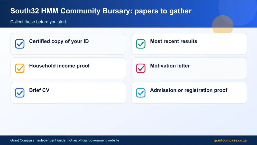 South32 HMM Community Bursary required papers tick list infographic – south32 hmm community bursary South Africa 2026
