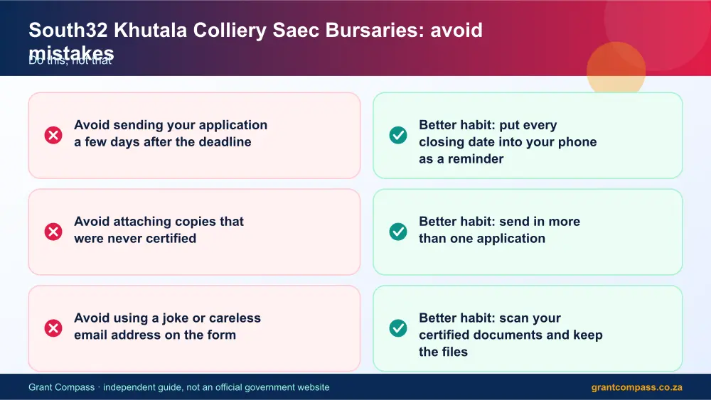 South32 Khutala Colliery Saec Bursaries mistakes to avoid and tips infographic – south32 khutala colliery saec bursaries South Africa 2026