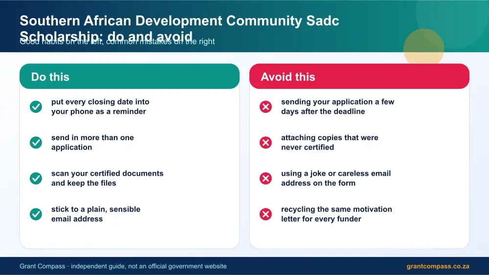 Southern African Development Community Sadc Scholarship dos and donts infographic – southern african development community sadc scholarship bursary South Africa 2026