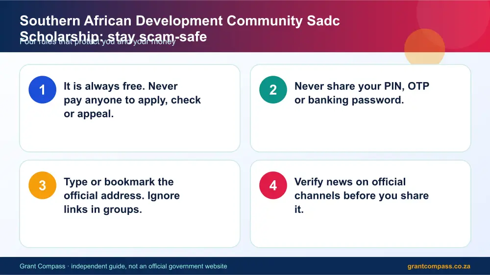 Southern African Development Community Sadc Scholarship stay safe from scams infographic – southern african development community sadc scholarship bursary South Africa 2026