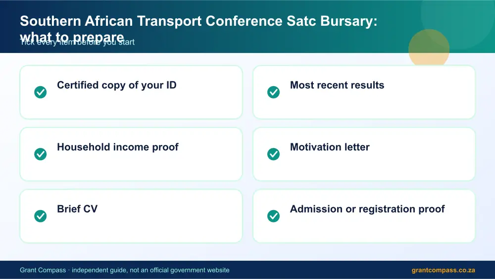 Southern African Transport Conference Satc Bursary documents checklist infographic – southern african transport conference satc bursary South Africa 2026