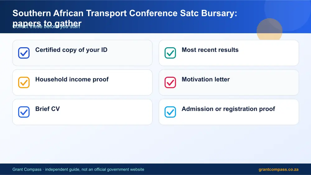 Southern African Transport Conference Satc Bursary required papers tick list infographic – southern african transport conference satc bursary South Africa 2026
