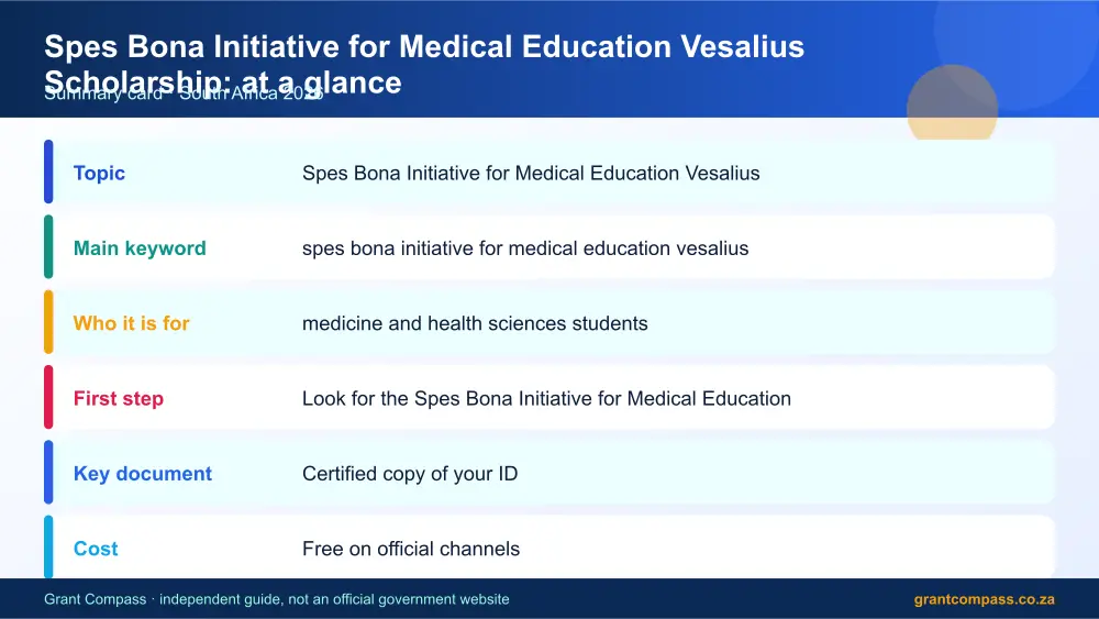 Spes Bona Initiative for Medical Education Vesalius Scholarship at a glance summary infographic – spes bona initiative for medical education vesalius scholarship bursary South Africa 2026