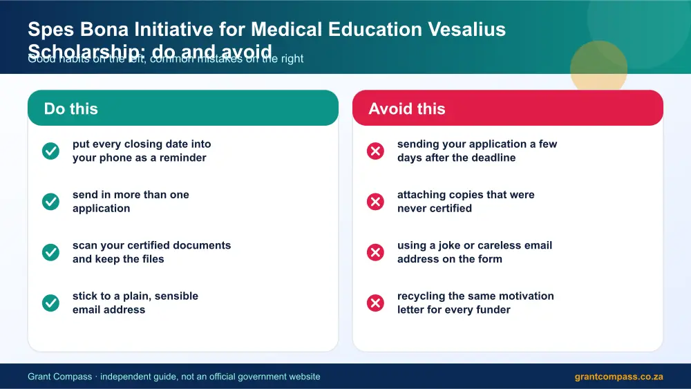 Spes Bona Initiative for Medical Education Vesalius Scholarship dos and donts infographic – spes bona initiative for medical education vesalius scholarship bursary South Africa 2026