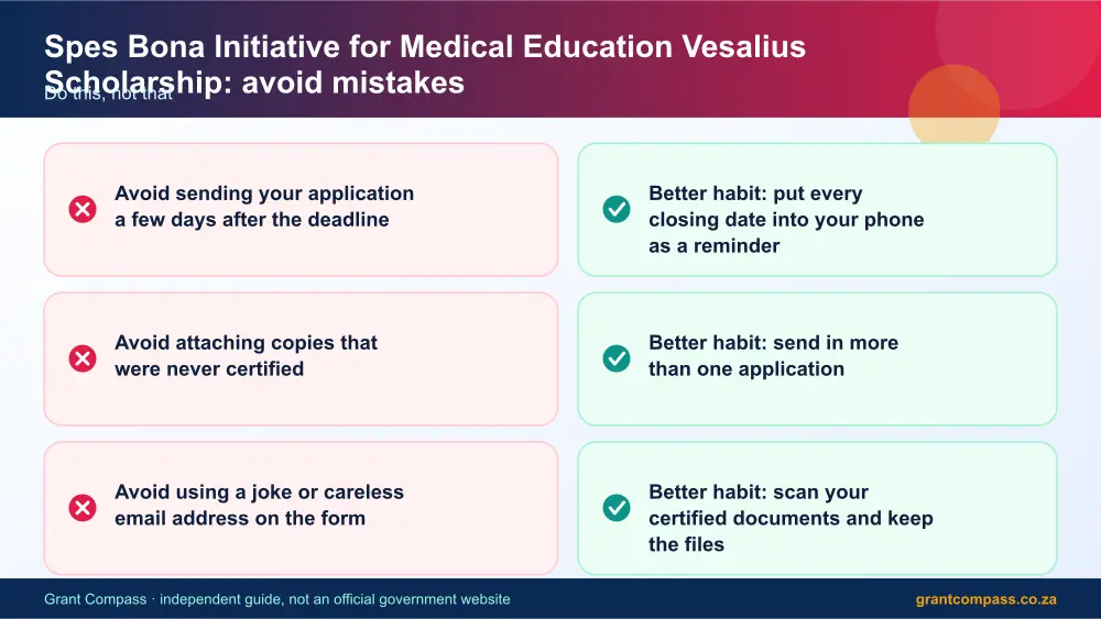 Spes Bona Initiative for Medical Education Vesalius Scholarship mistakes to avoid and tips infographic – spes bona initiative for medical education vesalius scholarship bursary South Africa 2026