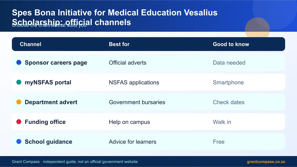 Spes Bona Initiative for Medical Education Vesalius Scholarship official channels comparison infographic – spes bona initiative for medical education vesalius scholarship bursary South Africa 2026
