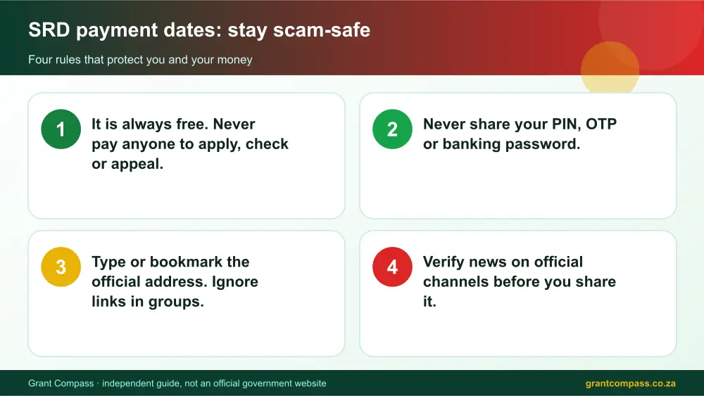 SRD payment dates stay safe from scams infographic – srd payment dates South Africa 2026