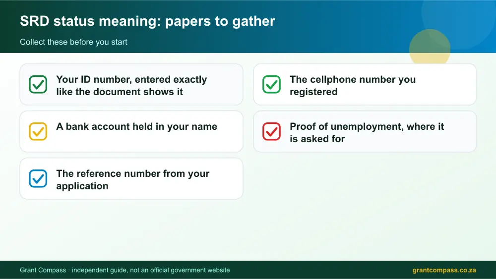 SRD status meaning required papers tick list infographic – srd status meaning South Africa 2026