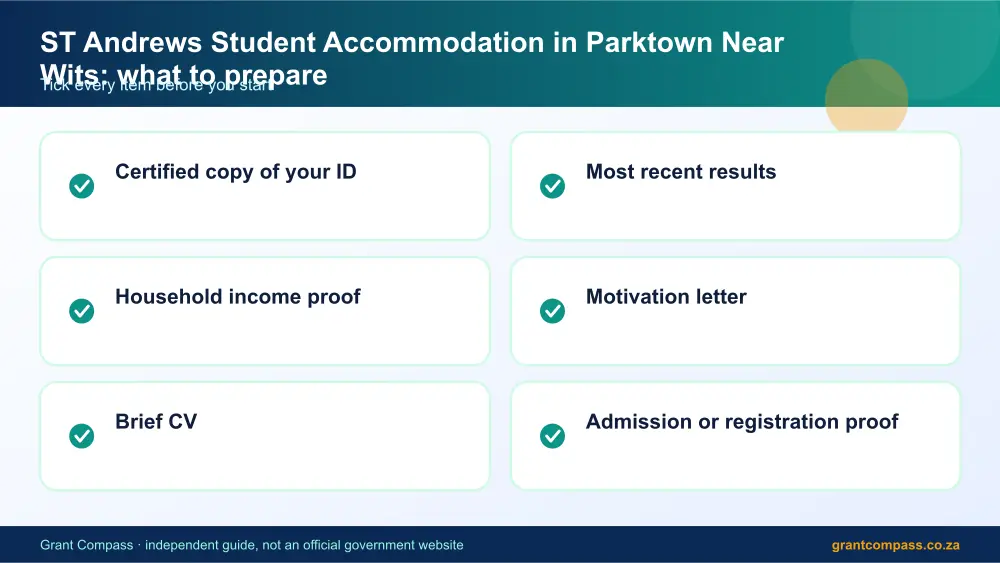 ST Andrews Student Accommodation in Parktown Near Wits documents checklist infographic – looking for accommodation South Africa 2026