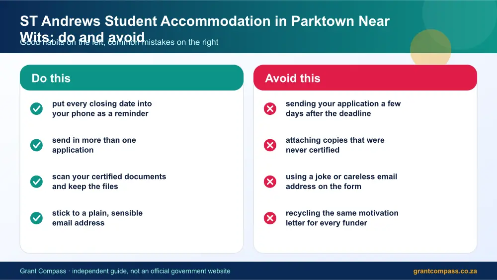 ST Andrews Student Accommodation in Parktown Near Wits dos and donts infographic – looking for accommodation South Africa 2026