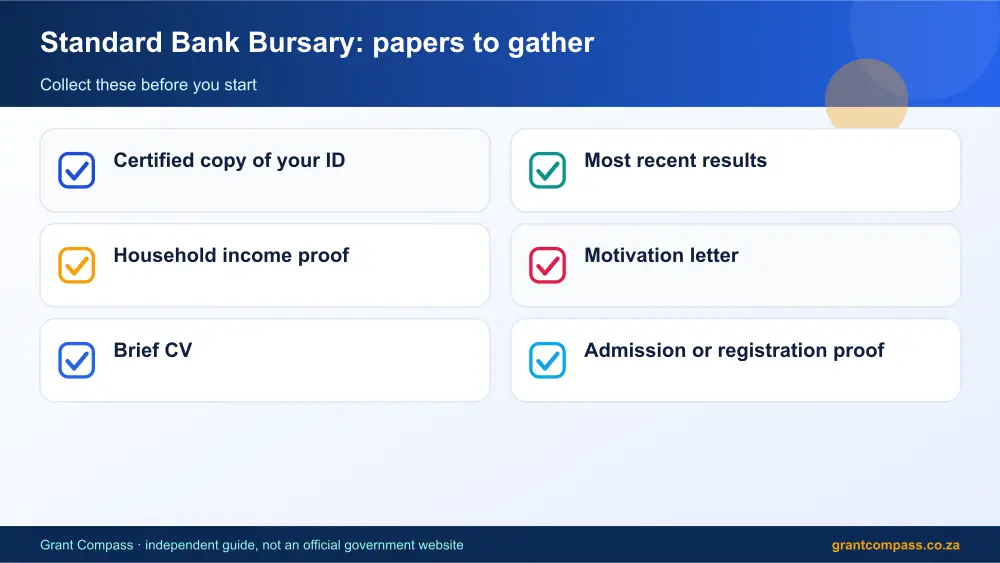 Standard Bank Bursary required papers tick list infographic – standard bank bursary South Africa 2026