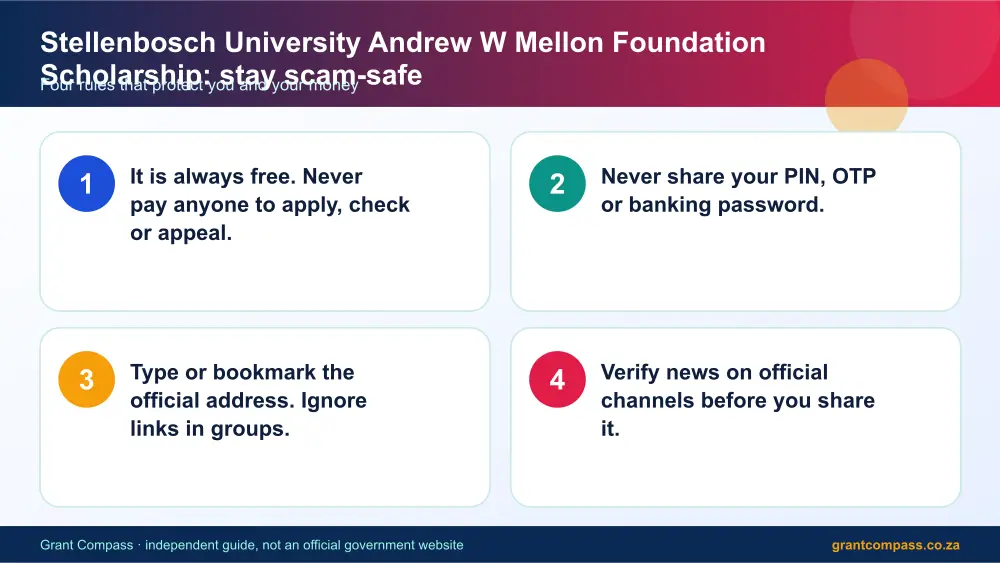 Stellenbosch University Andrew W Mellon Foundation Scholarship stay safe from scams infographic – stellenbosch university andrew w mellon foundation scholarship South Africa 2026