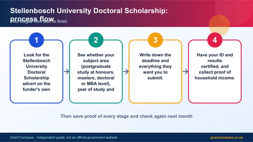 Stellenbosch University Doctoral Scholarship process flow chart infographic – stellenbosch university doctoral scholarship bursary South Africa 2026