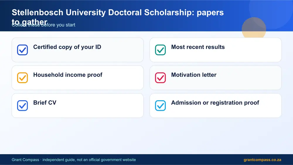 Stellenbosch University Doctoral Scholarship required papers tick list infographic – stellenbosch university doctoral scholarship bursary South Africa 2026