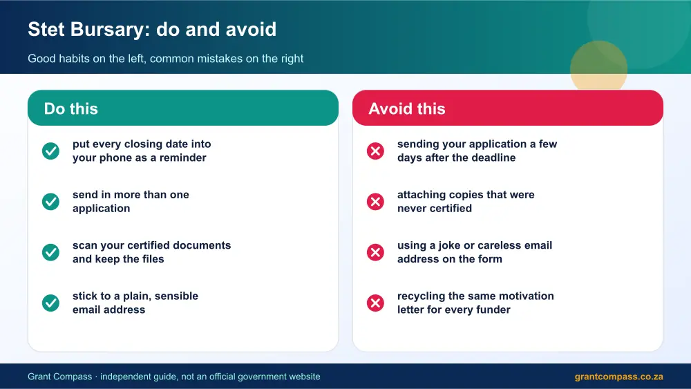 Stet Bursary dos and donts infographic – bursaries for teaching South Africa 2026