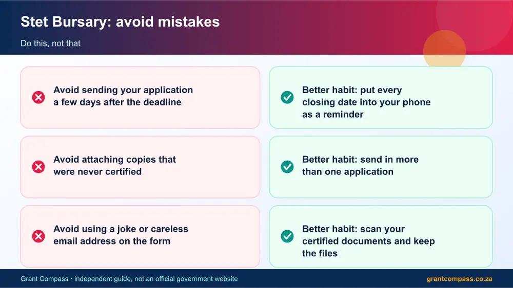 Stet Bursary mistakes to avoid and tips infographic – bursaries for teaching South Africa 2026