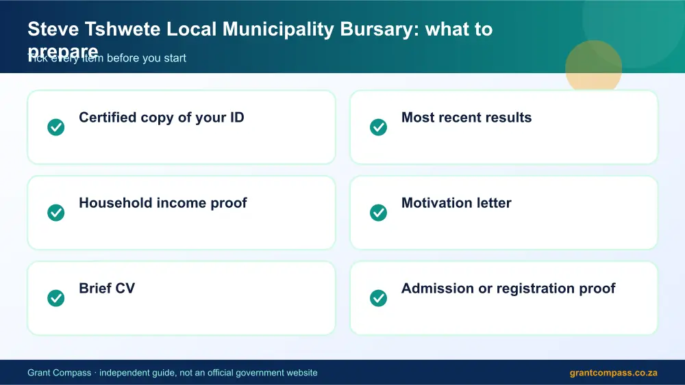 Steve Tshwete Local Municipality Bursary documents checklist infographic – steve tshwete local municipality bursary South Africa 2026