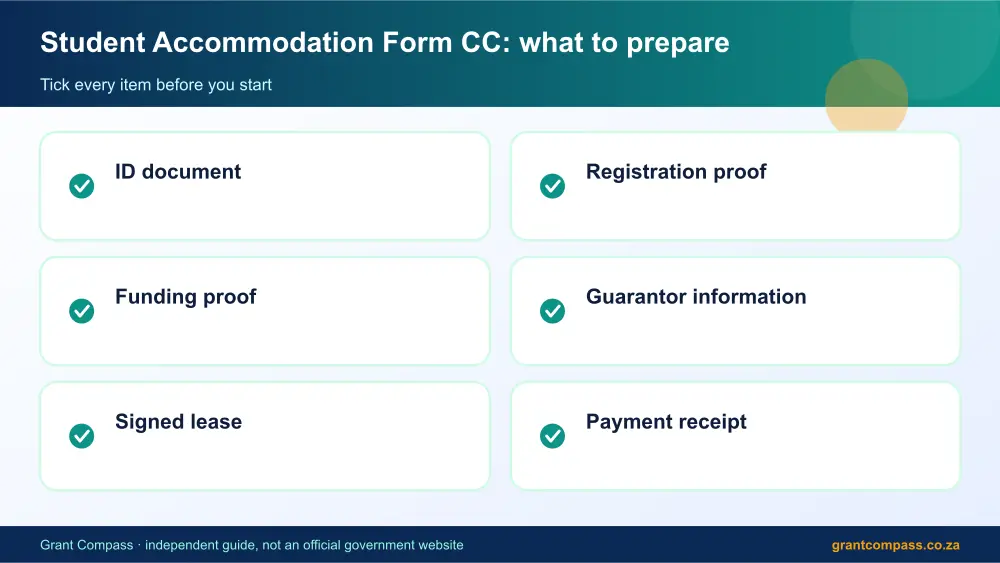 Student Accommodation Form CC documents checklist infographic – student accommodation form cc South Africa 2026