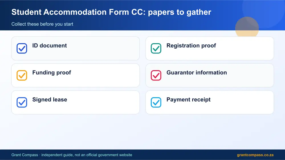 Student Accommodation Form CC required papers tick list infographic – student accommodation form cc South Africa 2026