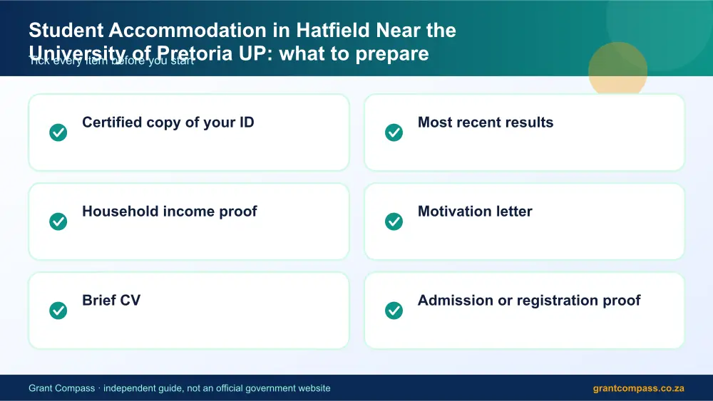 Student Accommodation in Hatfield Near the University of Pretoria UP documents checklist infographic – hatfield student accommodation prices South Africa 2026