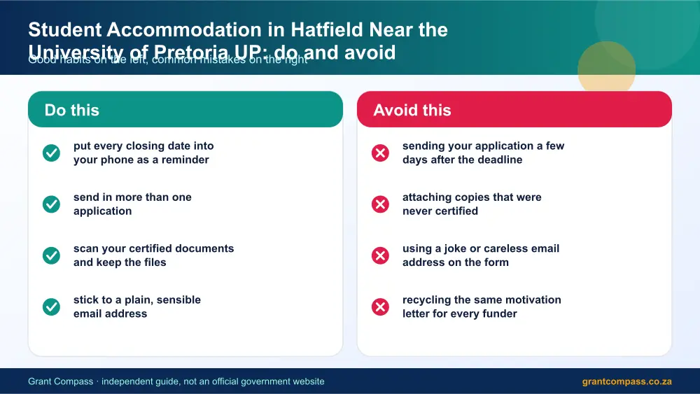Student Accommodation in Hatfield Near the University of Pretoria UP dos and donts infographic – hatfield student accommodation prices South Africa 2026