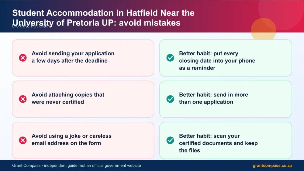 Student Accommodation in Hatfield Near the University of Pretoria UP mistakes to avoid and tips infographic – hatfield student accommodation prices South Africa 2026