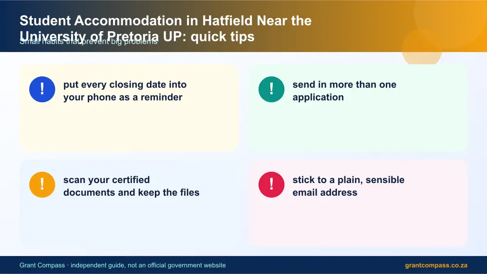 Student Accommodation in Hatfield Near the University of Pretoria UP quick tips cards infographic – hatfield student accommodation prices South Africa 2026