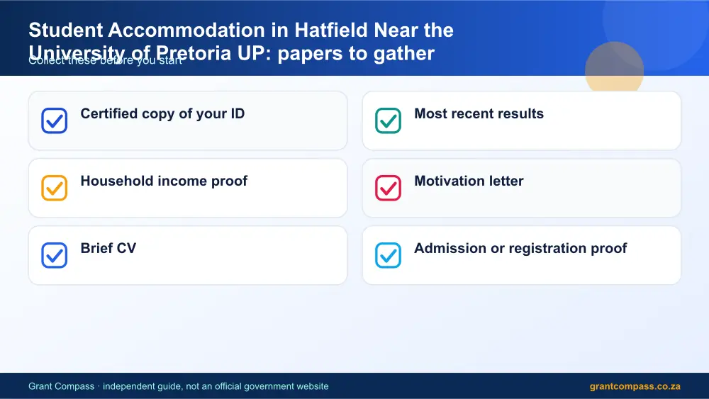 Student Accommodation in Hatfield Near the University of Pretoria UP required papers tick list infographic – hatfield student accommodation prices South Africa 2026