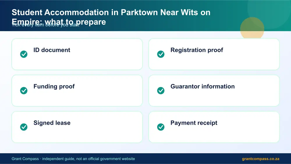 Student Accommodation in Parktown Near Wits on Empire documents checklist infographic – student accommodation in parktown near wits on empire South Africa 2026