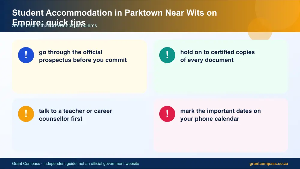 Student Accommodation in Parktown Near Wits on Empire quick tips cards infographic – student accommodation in parktown near wits on empire South Africa 2026