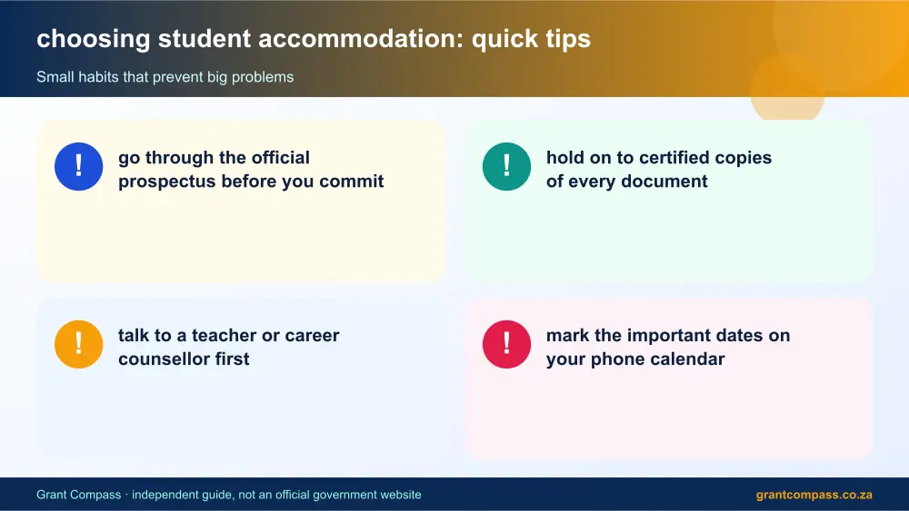 choosing student accommodation quick tips cards infographic – choosing student accommodation South Africa 2026