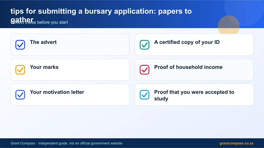 tips for submitting a bursary application required papers tick list infographic – tips for submitting a bursary application South Africa 2026