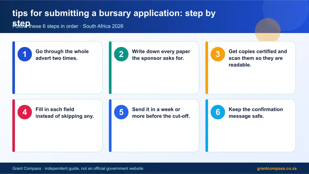 tips for submitting a bursary application step by step guide infographic – tips for submitting a bursary application South Africa 2026