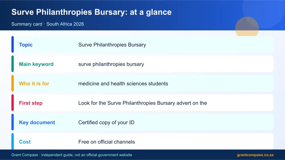 Surve Philanthropies Bursary at a glance summary infographic – surve philanthropies bursary South Africa 2026