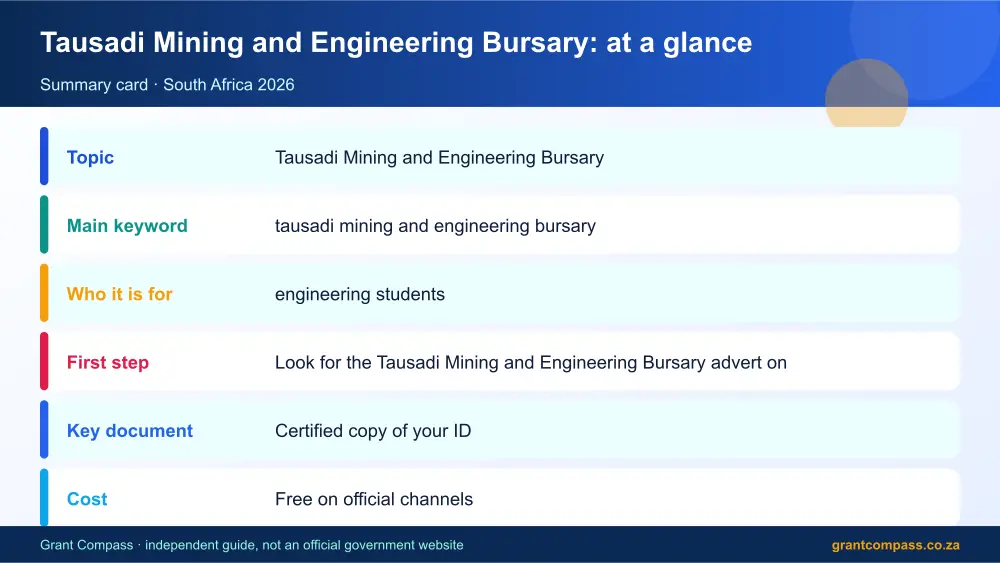 Tausadi Mining and Engineering Bursary at a glance summary infographic – tausadi mining and engineering bursary South Africa 2026