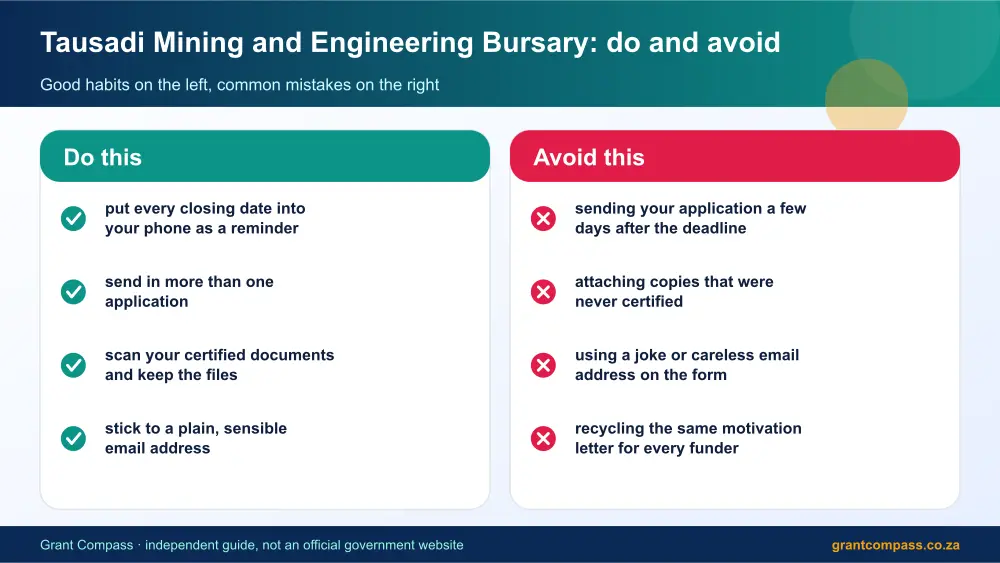 Tausadi Mining and Engineering Bursary dos and donts infographic – tausadi mining and engineering bursary South Africa 2026