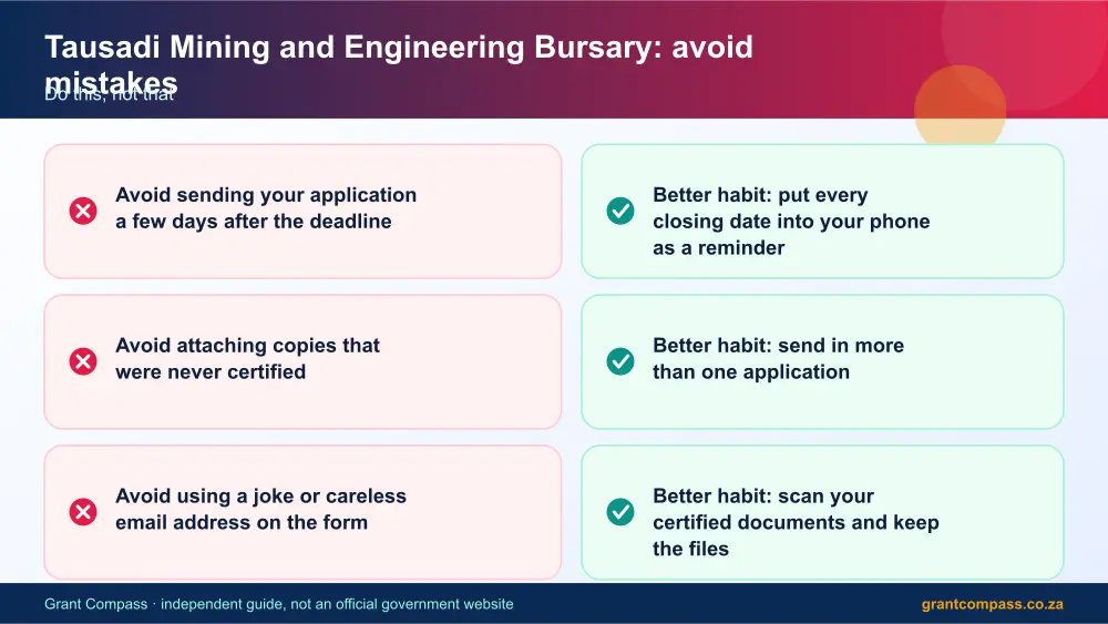 Tausadi Mining and Engineering Bursary mistakes to avoid and tips infographic – tausadi mining and engineering bursary South Africa 2026