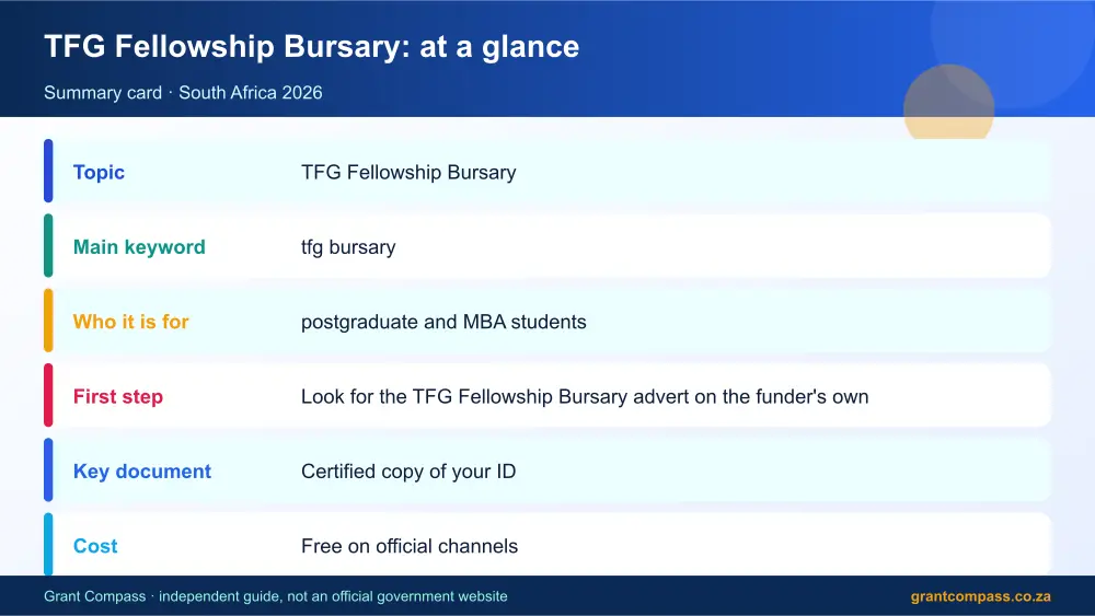 TFG Fellowship Bursary at a glance summary infographic – tfg bursary South Africa 2026