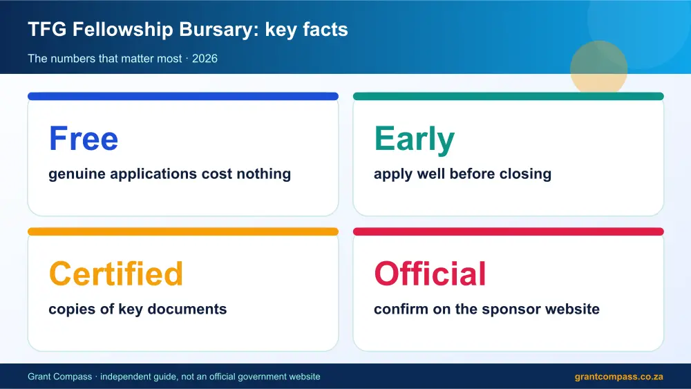 TFG Fellowship Bursary key facts at a glance infographic – tfg bursary South Africa 2026