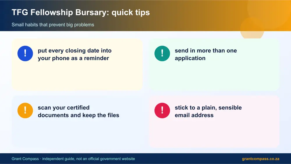 TFG Fellowship Bursary quick tips cards infographic – tfg bursary South Africa 2026