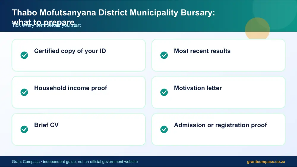 Thabo Mofutsanyana District Municipality Bursary documents checklist infographic – thabo mofutsanyana district municipality bursary South Africa 2026